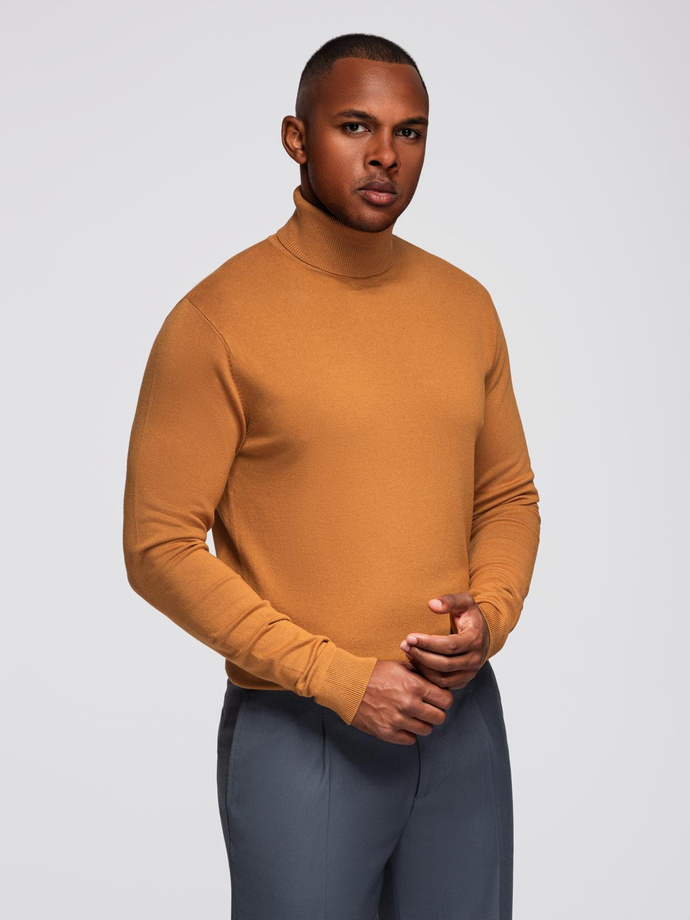 Men's knitted single-color turtleneck with viscose - camel V8 OM-SWTN-0101