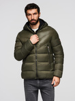 Men's quilted winter jacket with combined materials - dark olive green V3 OM-JAHP-0145