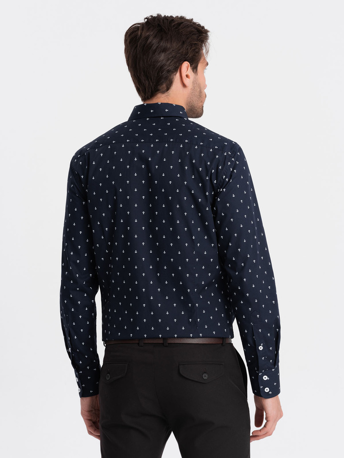 Klasyczna męska bawełniana koszula SLIM FIT w kotwice - granatowa V2 OM-SHCS-0156