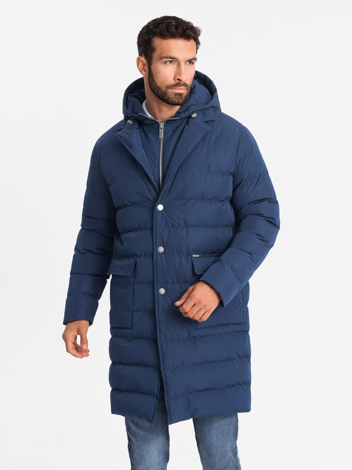 Men's long quilted jacket with lapels and lining - dark blue V1 OM-JALJ-0177