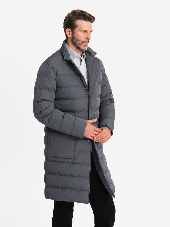 Men's long quilted jacket with lapels and lining - graphite V2 OM-JALJ-0177