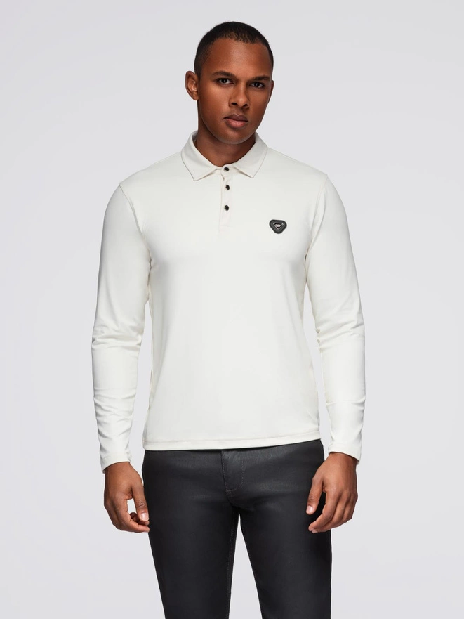 Long sleeve polo shirt with elegant branded buttons - cream V2 OM-POLS-0139