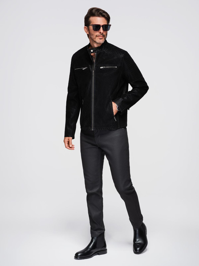 Stylish men's eco leather biker jacket with collar - black V2 C637