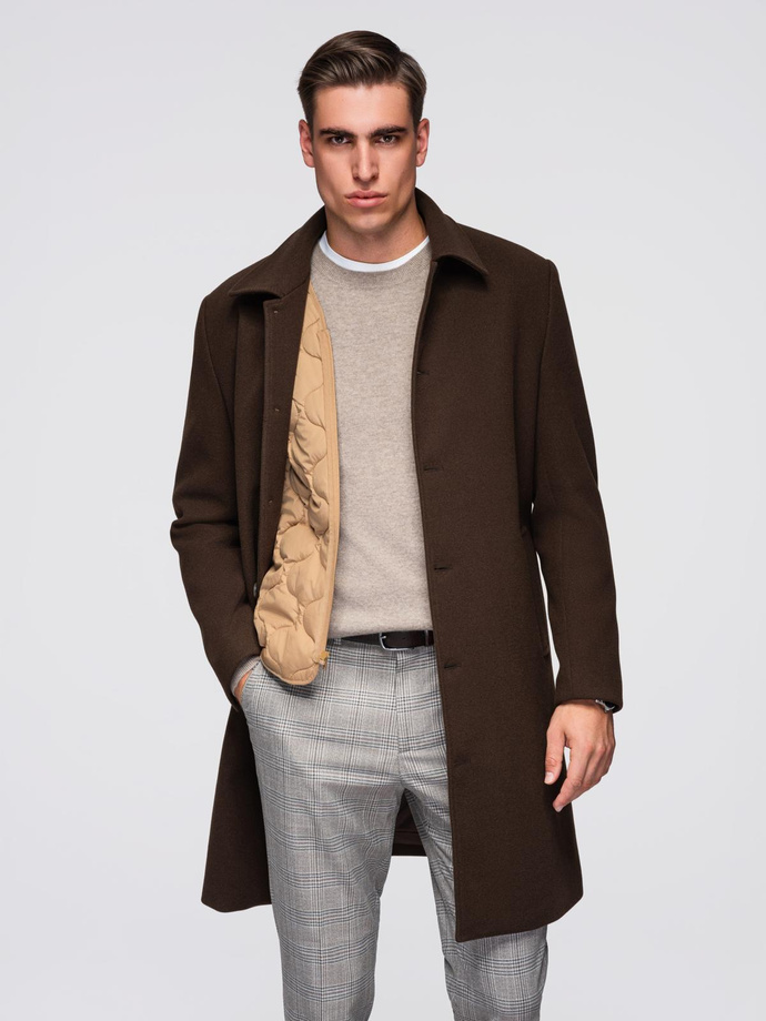 Single-breasted men's long coat with collar and bolster - brown V4 OM-COWC-0135