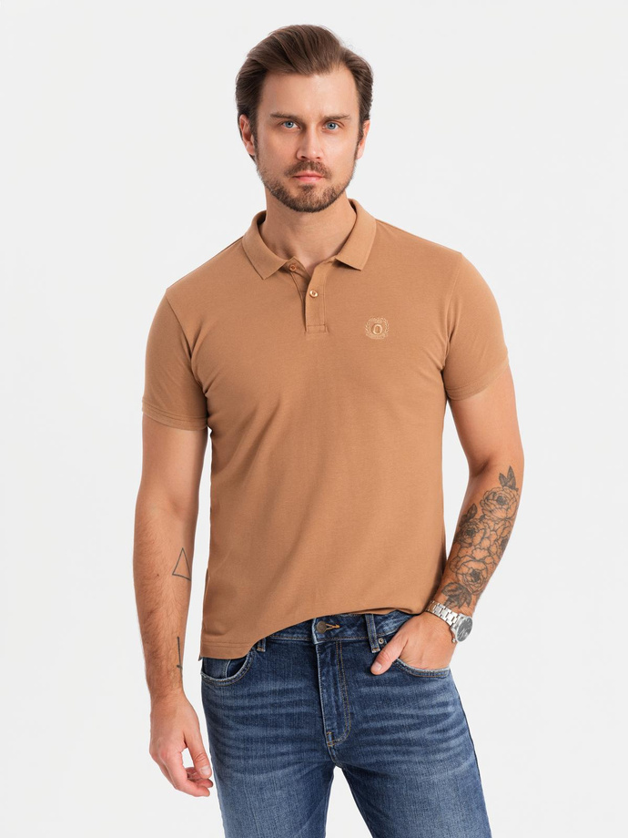 Komplet bawełnianych t-shirtów męskich polo BASIC – biały/cielisty/jasnobrązowy V6 OM-POBS-0133