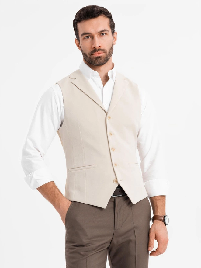 Fitted elegant men's vest with elastane and lapels - beige V2 OM-BLZV-0145