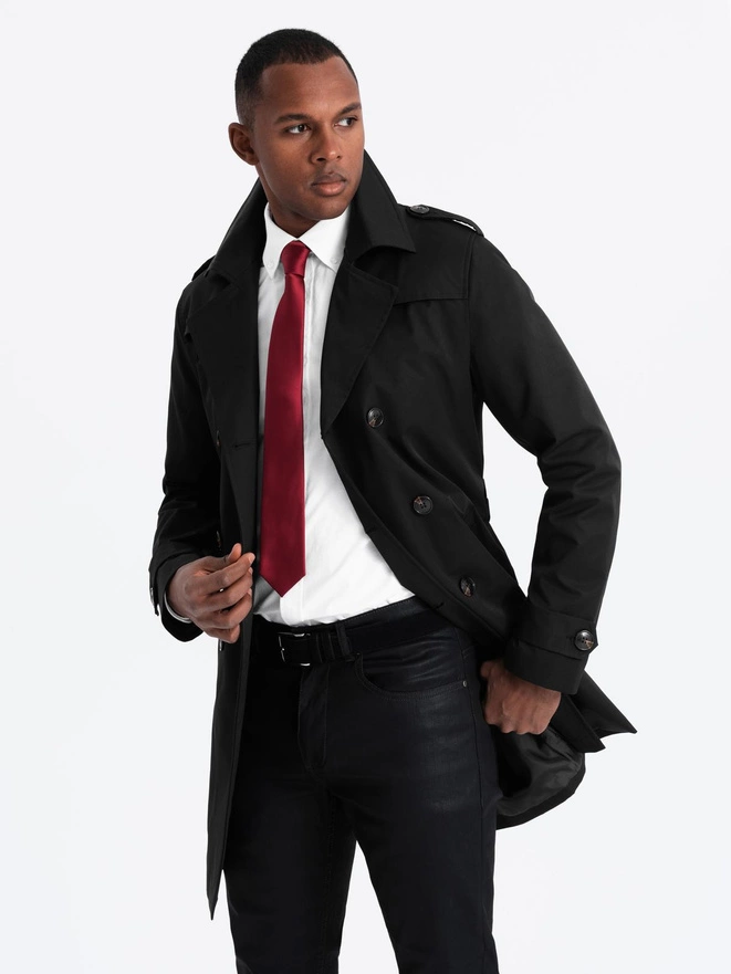 Elegant SLIM FIT men's trench coat with belt - black V2 OM-COSC-0126