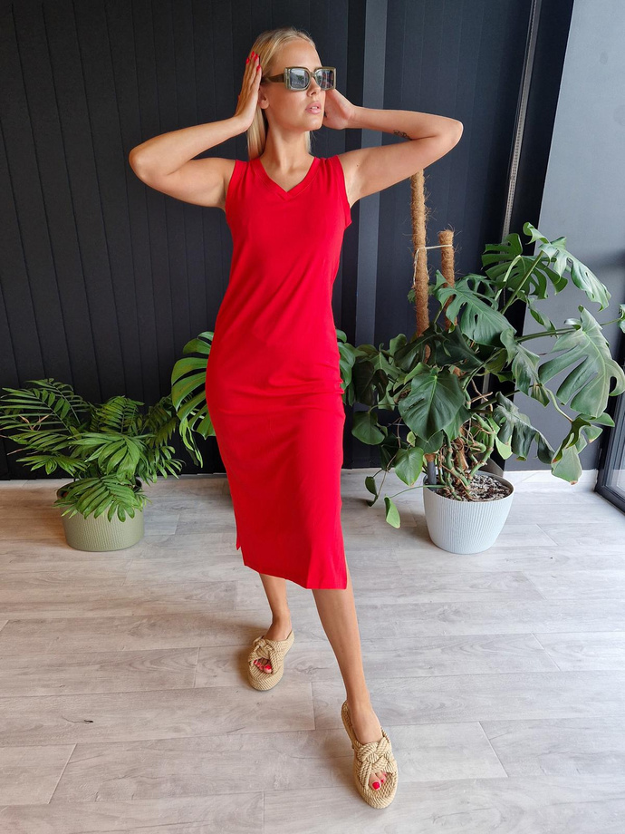 DLR108 midi v-neck dress with slits - red