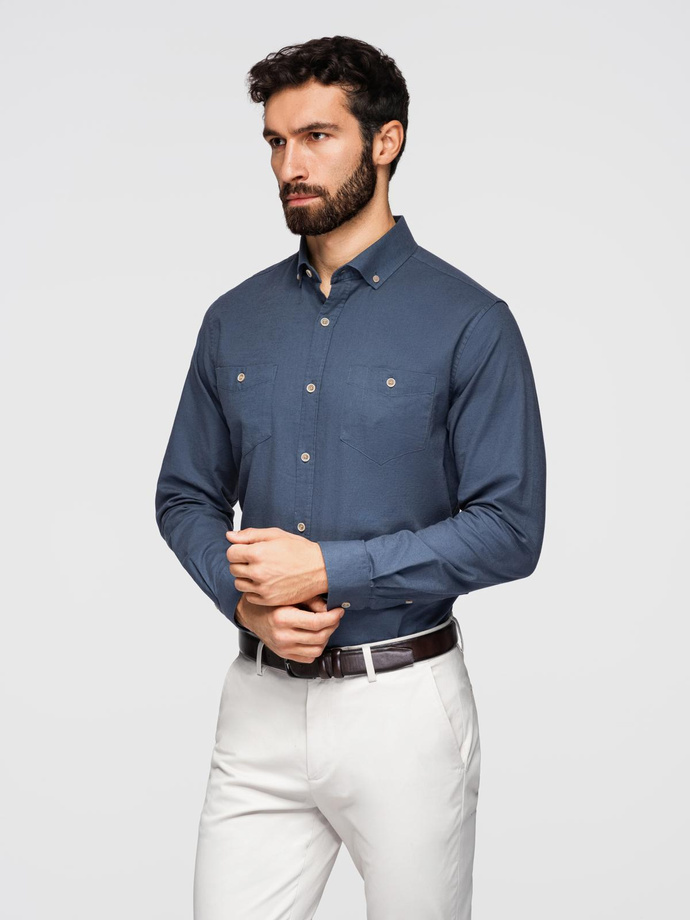 Men's linen shirt with classic collar and pockets REGULAR FIT - blue V4 OM-SHCS-0134