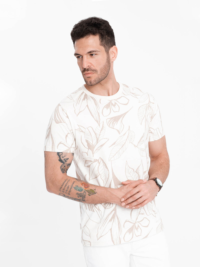 Men's full-print t-shirt in contrasting leaves - light beige V1 OM-TSFP-0180