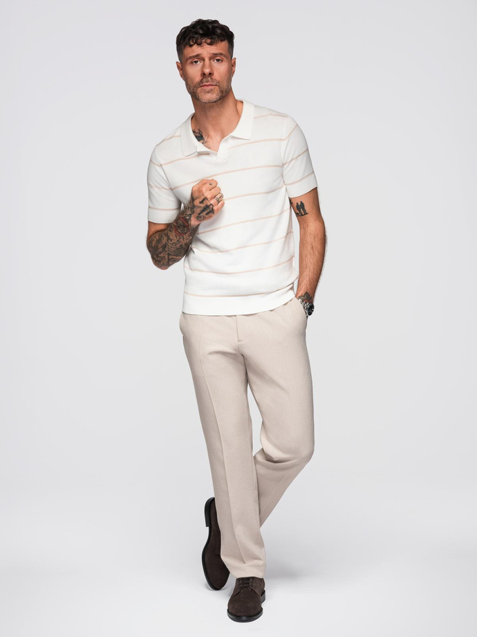 Men's horizontal striped viscose polo shirt - white and beige V4 OM-POSS-0145