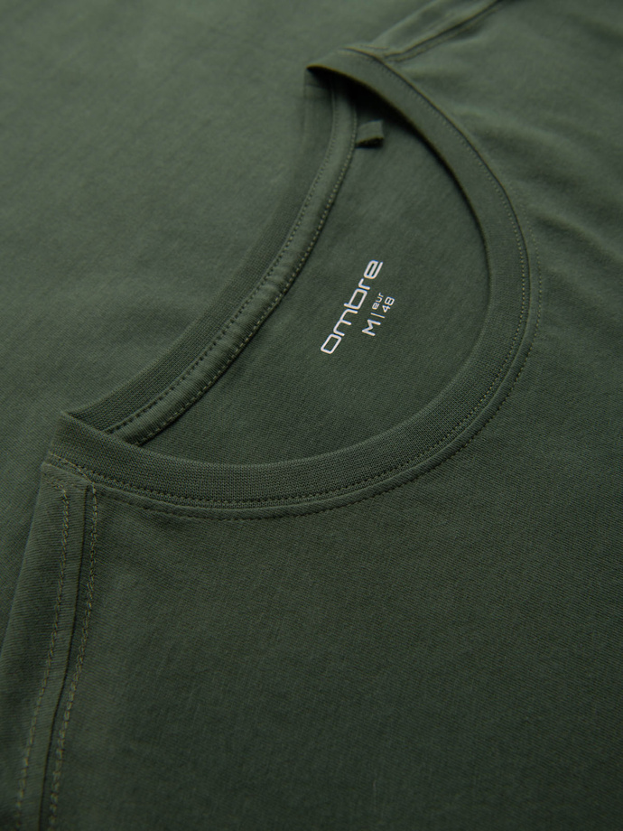Casual men's t-shirt with patch on pocket - dark olive V4 OM-TSCT-0109