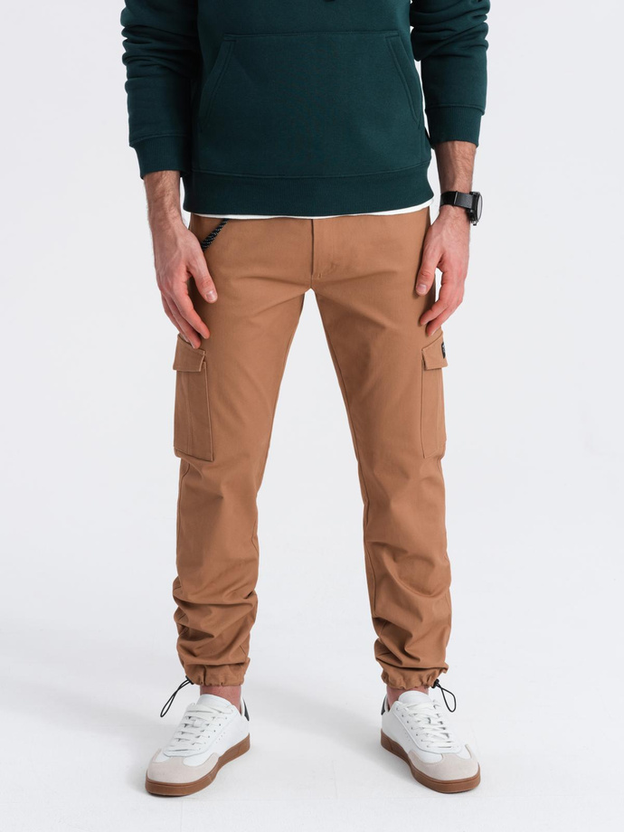 Men's pants with cargo pockets and leg hem - light brown V3 OM-PACG-0189