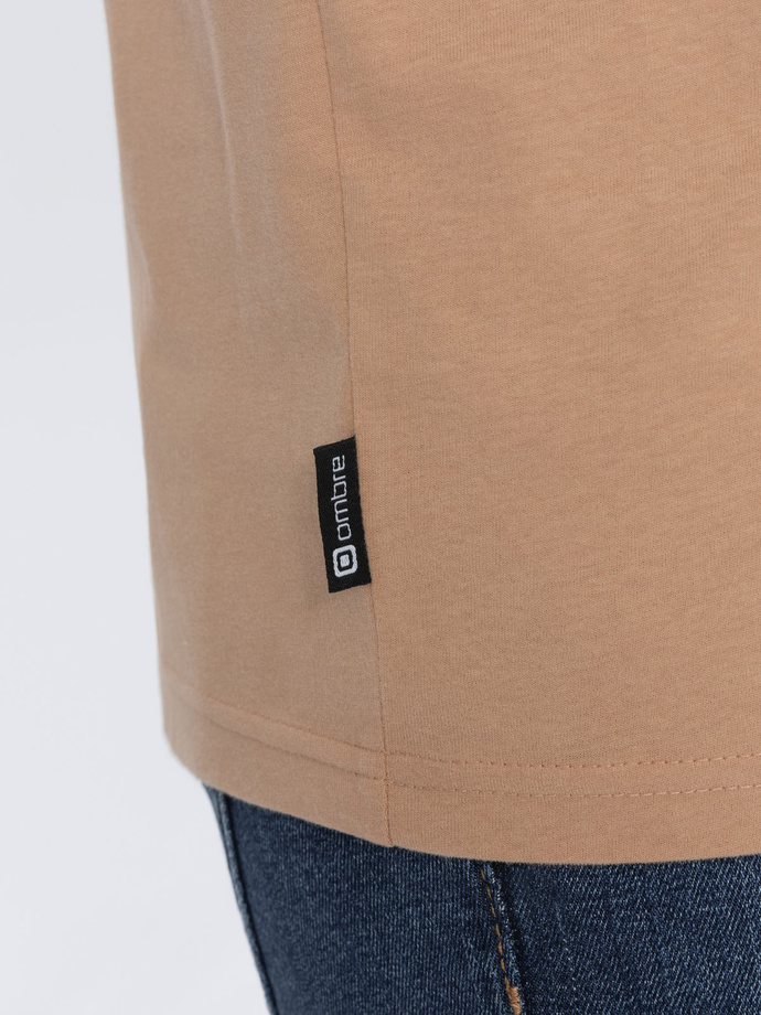 Men's cotton t-shirt with pocket print - light brown V6 S1742