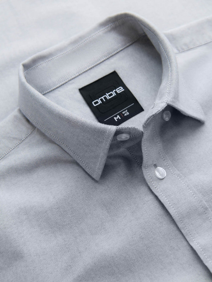 Elegant men's oxford shirt with embroidery and pocket - light grey V2 OM-SHOS-0173