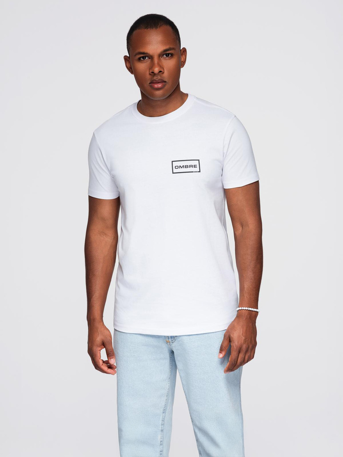 Męska koszulka dzianinowa z nadrukiem o kroju REGULAR - biała V1 OM-TSPT-0231