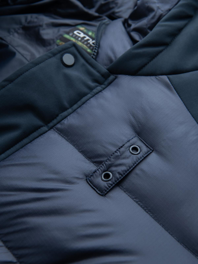 Pikowana długa męska kurtka z dużymi kieszeniami – granatowa V4 OM-JALJ-0165