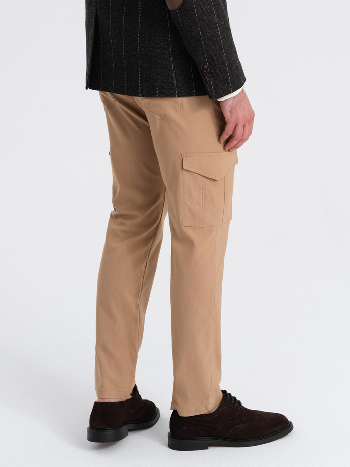 Men's REGULAR fabric pants with cargo pockets - light brown V4 OM-PACG-0178