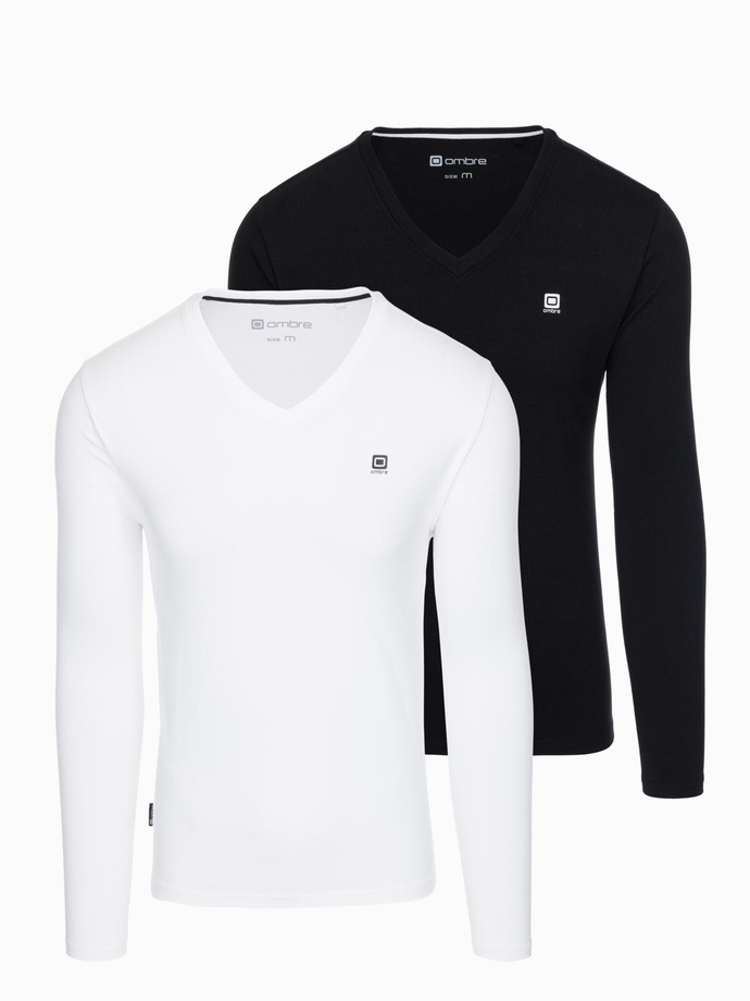 Komplet męskich longsleeve'ów SLIM FIT z dekoltem typu V i logotypem 2-pak – mix biały/czarny V2 Z103