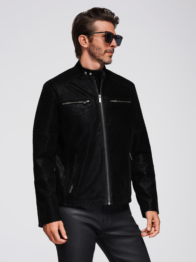 Men's retro-style biker jacket with stand-up collar - black V2 OM-JAFL-0197