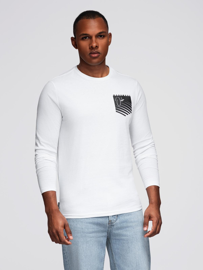 Longsleeve męski z printem w kształcie kieszonki - biały V1 OM-LSPT-0118