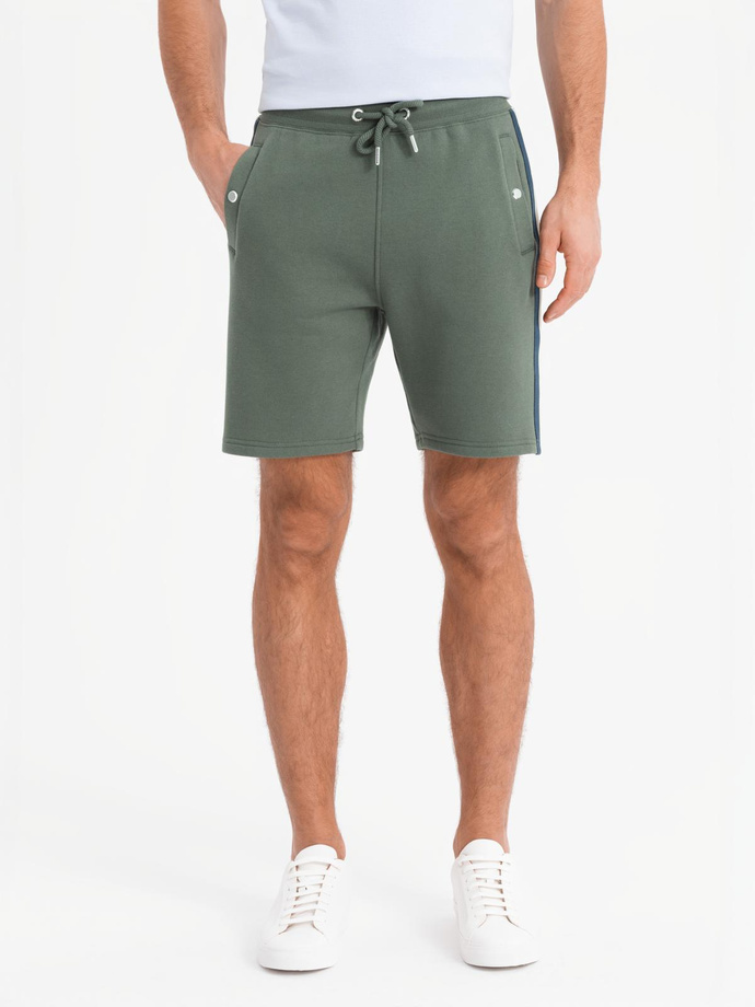 Men's sweat shorts with piping and drawstring waistband - olive V2 OM-SRSK-0156