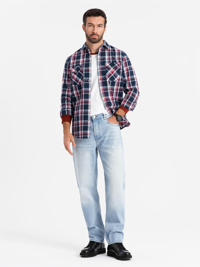 Men's flannel shirt with buttoned pockets - red and navy blue OM-SHCS-0137