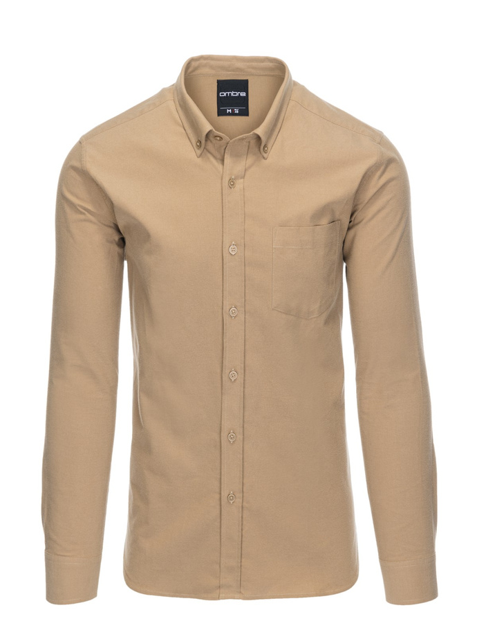 Men's REGULAR FIT cotton shirt with pocket - light brown V2 OM-SHOS-0153