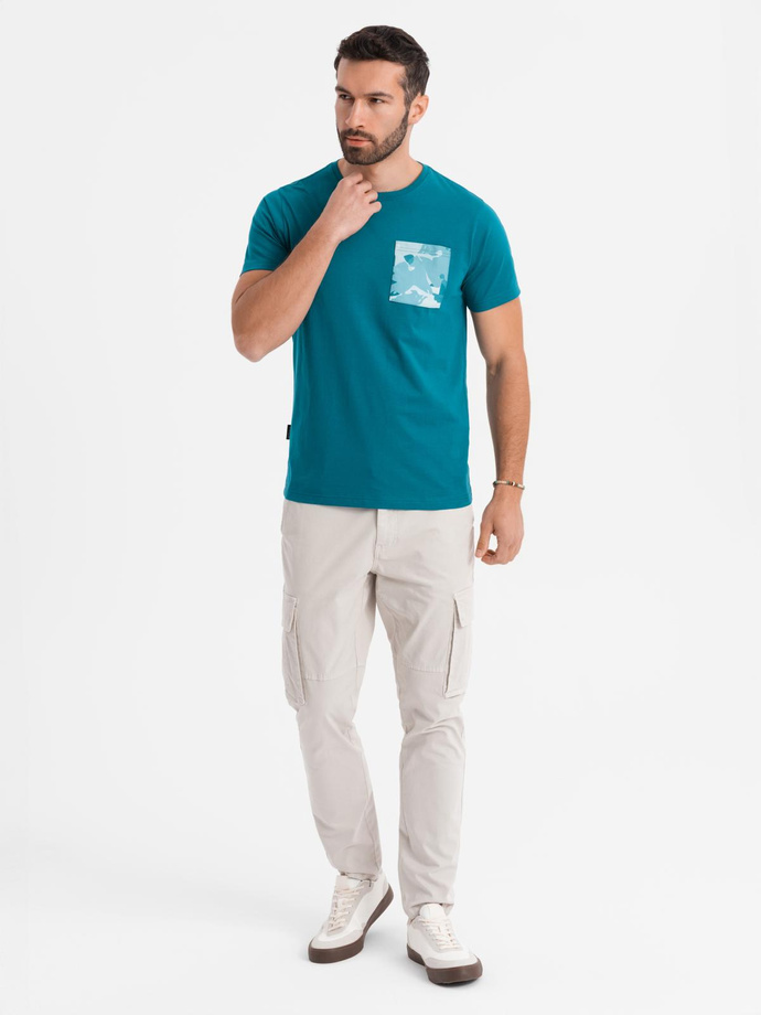 Men's cotton t-shirt with printed pocket - turquoise V1 OM-TSPT-0228