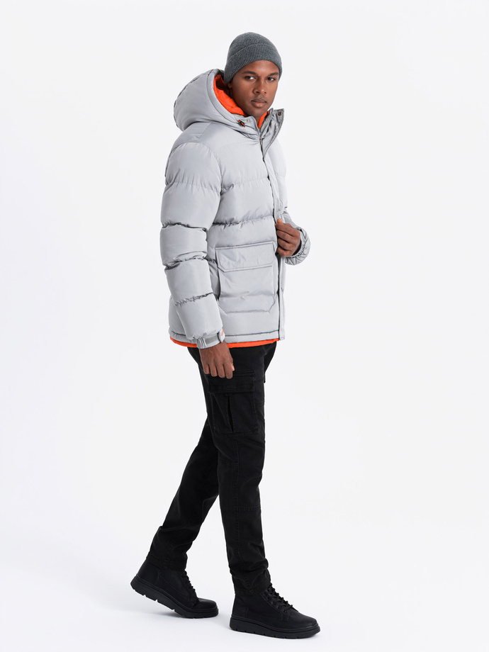 Men's sports warm jacket with double hood - grey V3 OM-JAHP-0208