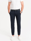 Męskie spodnie chino z ozdobną taśmą w pasie SLIM FIT – granatowe V2 OM-PACP-0118