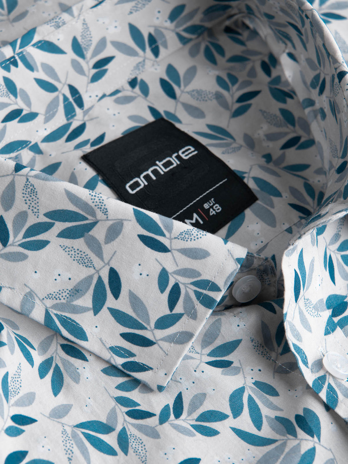 Koszula męska SLIM FIT w print gałązek - niebiesko-szara V2 OM-SHPS-0163