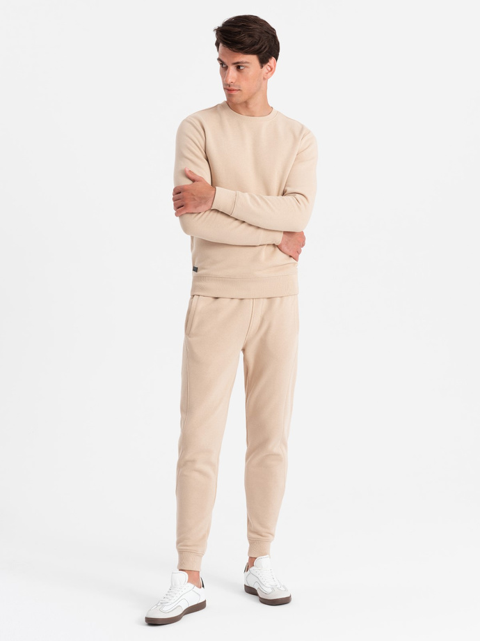 Komplet dresowy męski bawełniany BASIC bluza nierozpinana + joggery – beżowy V6 Z84