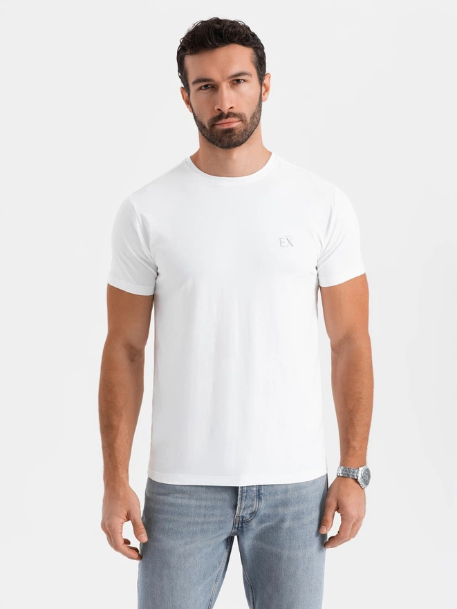 Męski t-shirt SLIM FIT z elastanem i printem – biały V2 OM-TSBC-0222