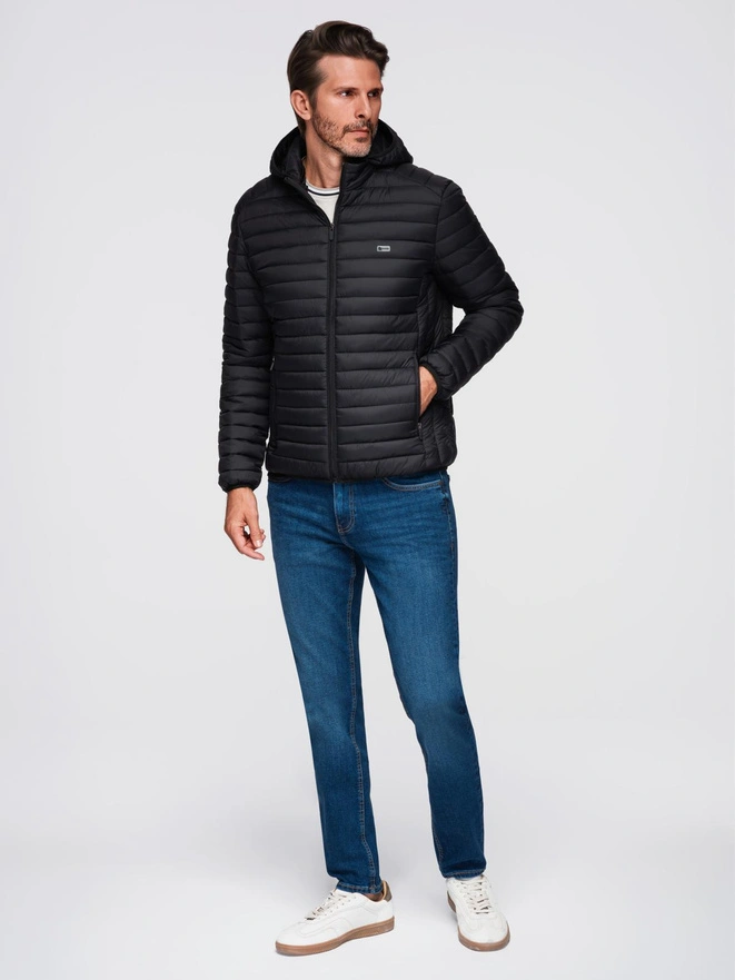 Classic men's quilted jacket with pouch option - black V1 OM-JALP-0295