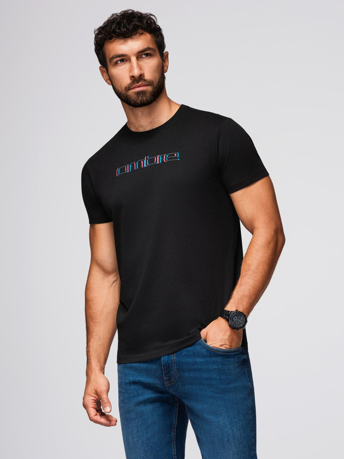 Men's t-shirt with embroidery on chest - black V1 OM-TSPT-0248