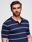 Men's horizontal striped polo shirt with viscose - navy blue and white V1 OM-POSS-0145