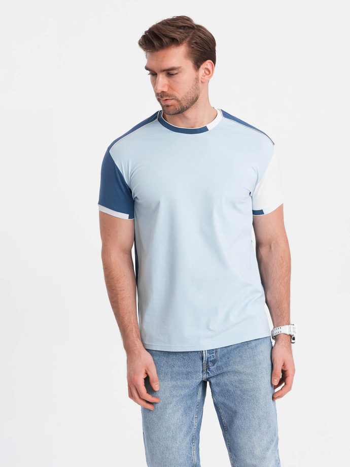 Men's elastane t-shirt with colored sleeves - blue V2 OM-TSCT-0176