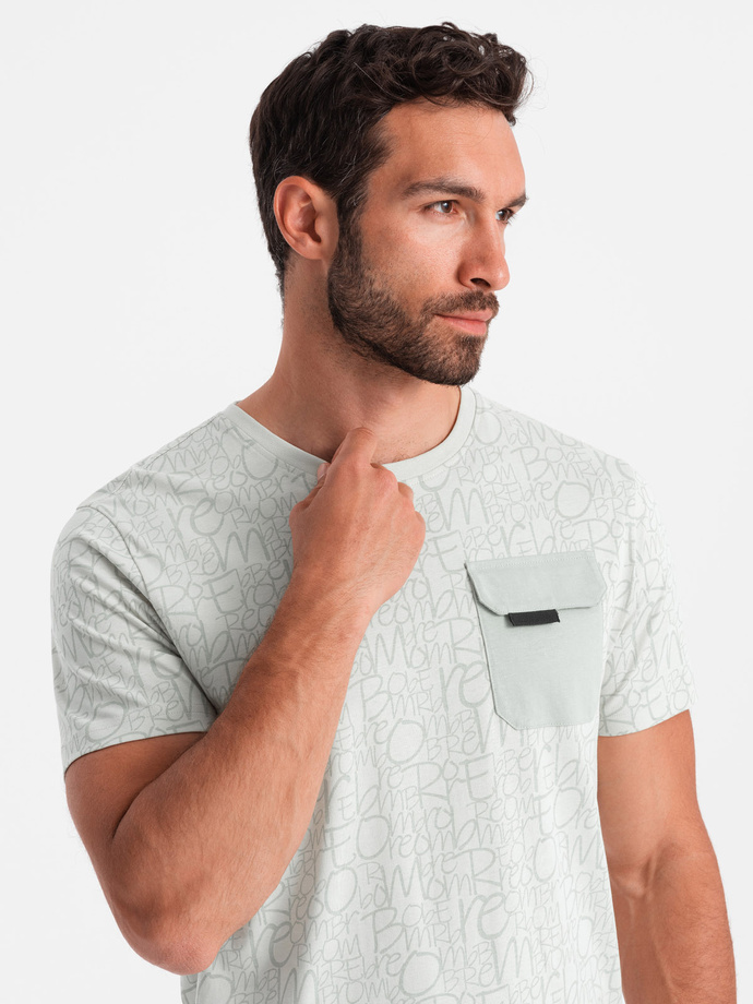 Bawełniany męski t-shirt z literowym printem i kieszonką – żółto-zielony V4 OM-TSFP-0188