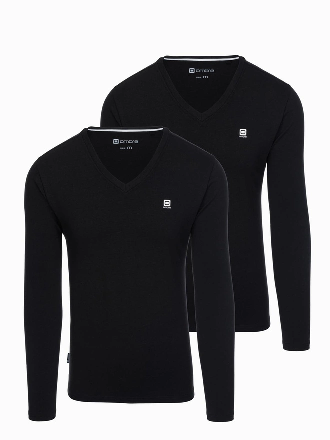 Set of men's SLIM FIT longsleeves with V neckline and logo 2-pack - 2x black V5 Z103