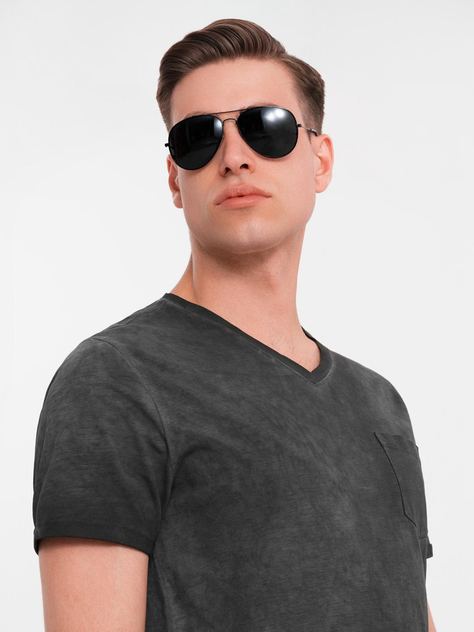 Men's cotton knit V-neck t-shirt with wash effect - black V6 OM-TSWT-0242