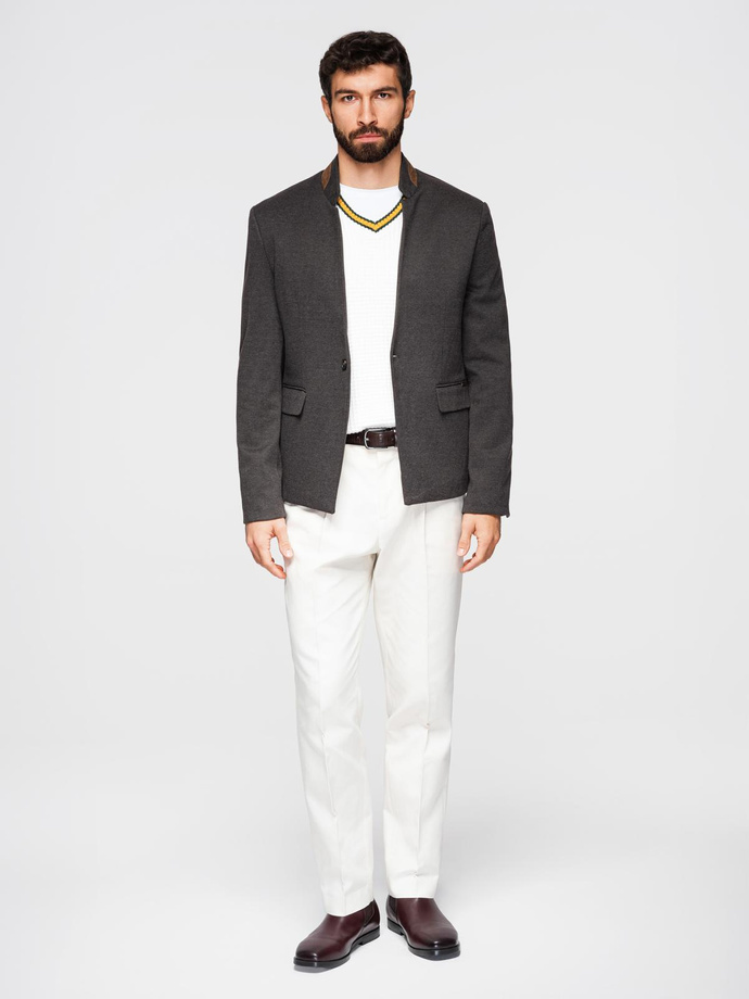 Melanżowa marynarka męska z dodatkiem rayonu ze stójką – czarny melanż V5 OM-BLZB-0131