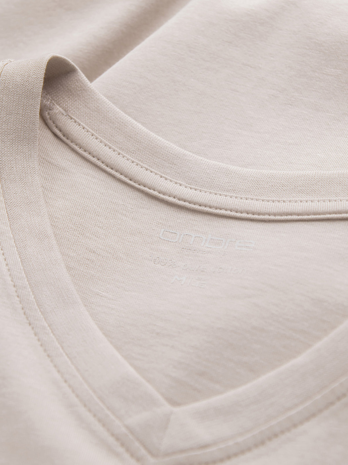 Longsleeve męski bez nadruku z dekoltem w serek - jasnobeżowy V1 OM-LSBL-0108