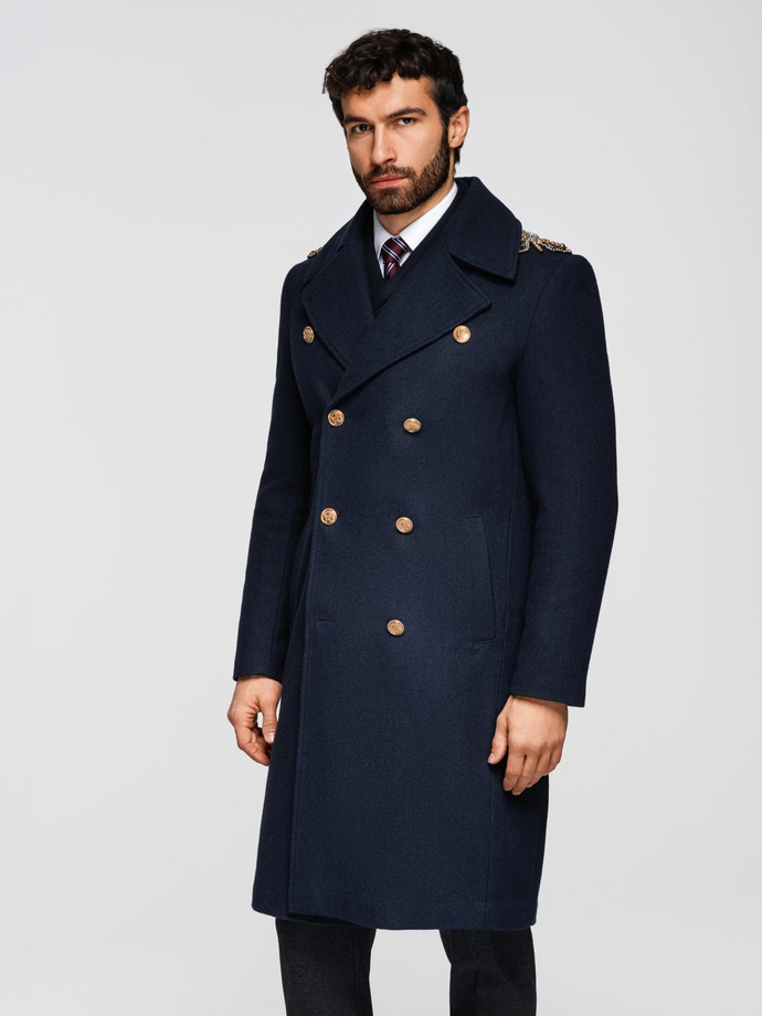Men's double-breasted coat with wool and decorative shoulder applications - V1 navy blue OM-COWC-0150