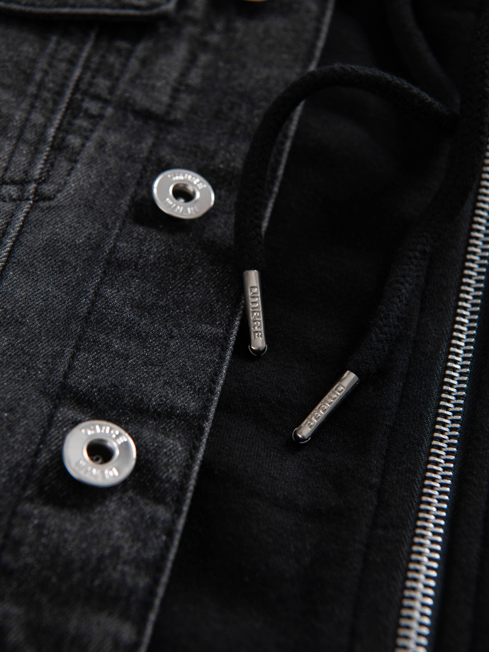 Kurtka męska jeansowa z dzianinowymi rękawami i kapturem – czarna V3 OM-JADJ-0220