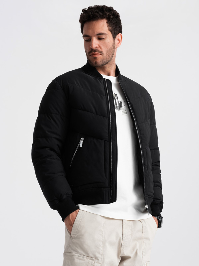 Men's quilted bomber jacket with metal zippers - black V1 OM-JALP-0143