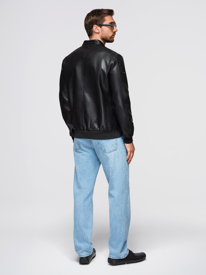 Męska kurtka z imitacji skóry ze stójką - czarna V2 OM-JAFL-0109