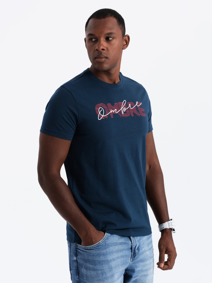 Men's cotton t-shirt with double printed logo - navy blue V3 OM-TSPT-0211