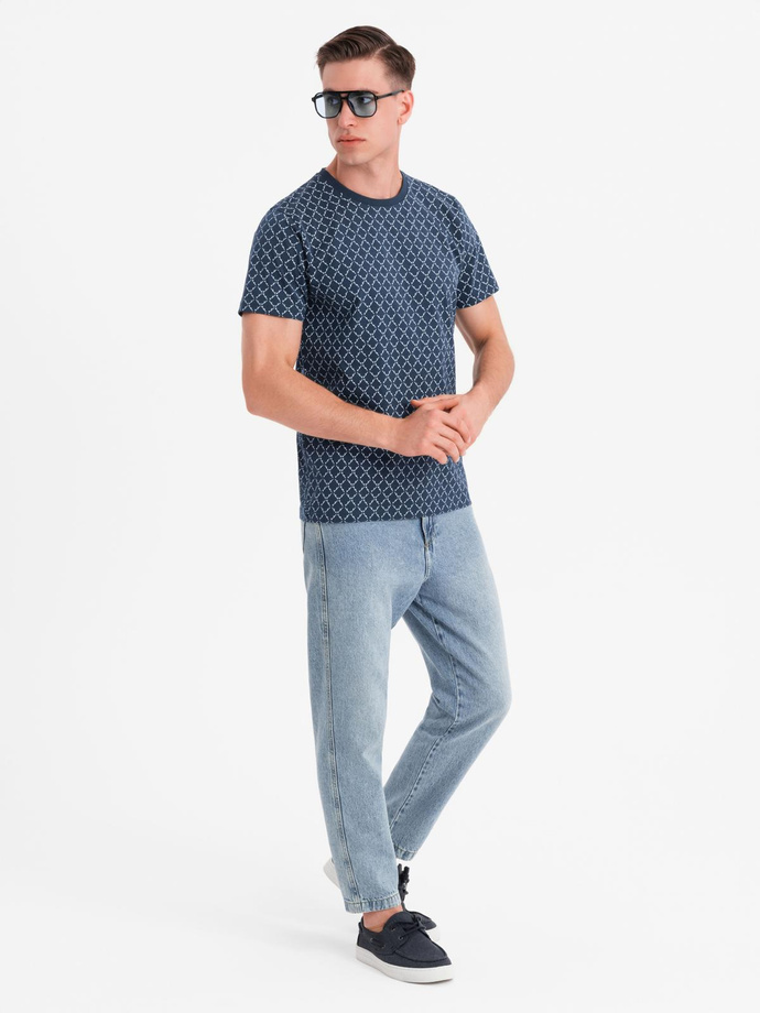 Męska koszulka dzianinowa z nadrukiem full print – granatowa V1 OM-TSFP-0250