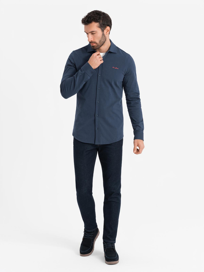 Koszula męska bawełniana REGULAR z dzianiny single jersey - granatowa V2 OM-SHCS-0138